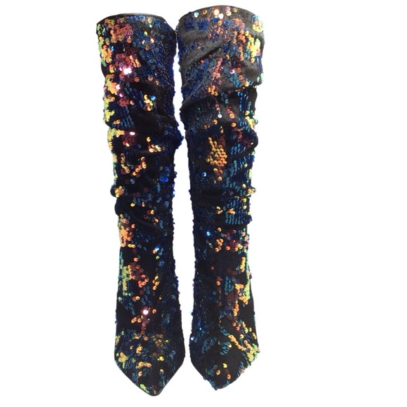 Bamboo Immerse Womens Sequin Velvet Boots Size 7.5 Multicolor Slouchy Block Heel - Picture 3 of 12